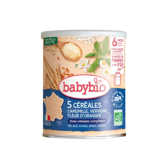 BABYBIO-5-CEREALES-VERVEINE-FLEUR-DORANGER-CAMOMILLE-220G