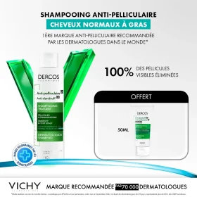 Vichy Dercos Shampooing traitant Antipelliculaire Cheveux Normaux à Gras – 200 ml = format voyage de 50 ml