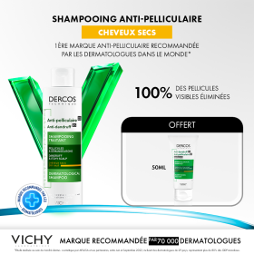 Vichy Dercos Shampooing traitant Antipelliculaire Cheveux Secs – 200 ml = format voyage de 50 ml
