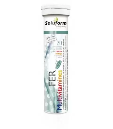 SOLUFORM FER MULTIVITAMINES GOUT CERISE/ORANGE 20 COMPRIMÉS EFFERVESCENTS labelpara.ma