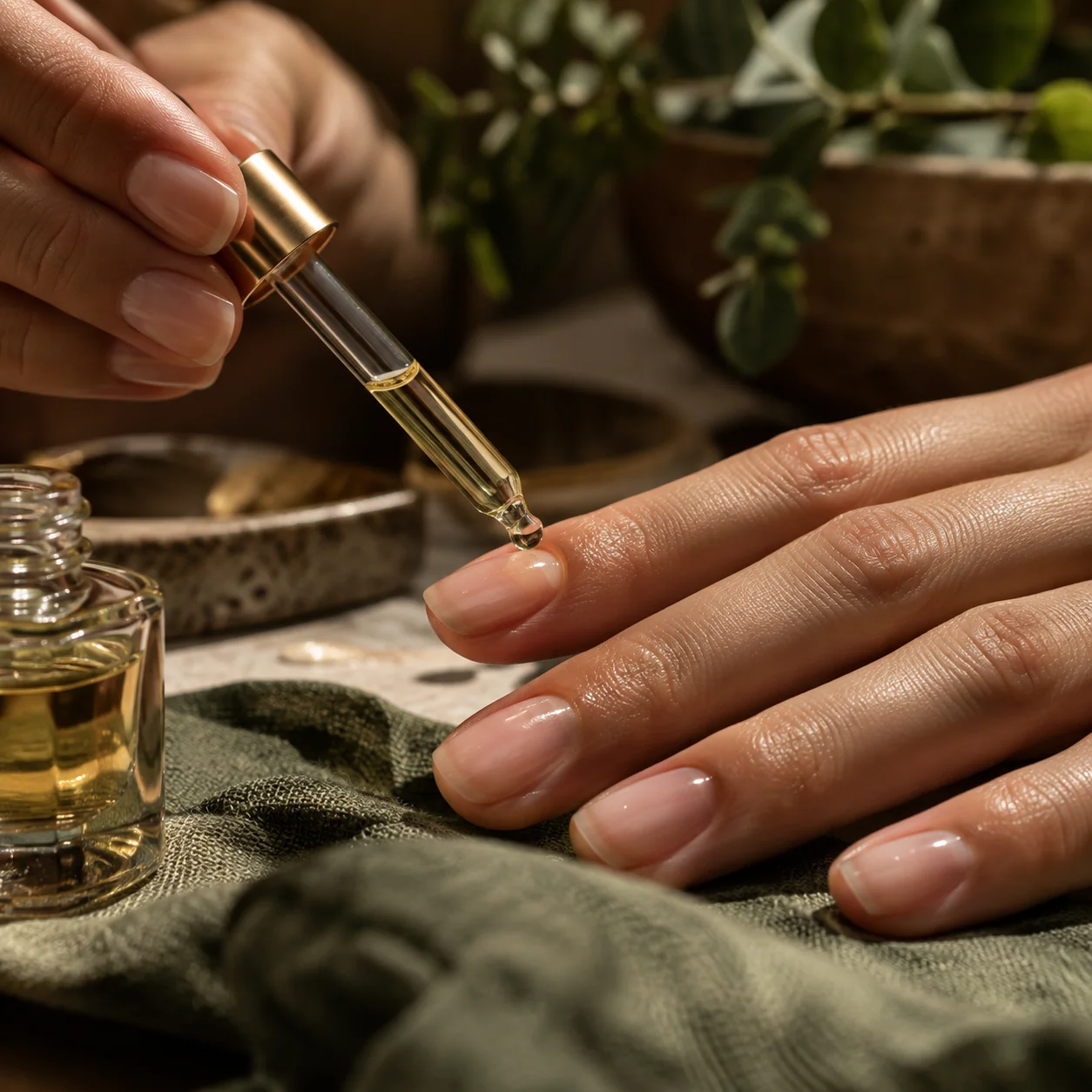 Application d'une huile nourrissante sur des ongles naturels